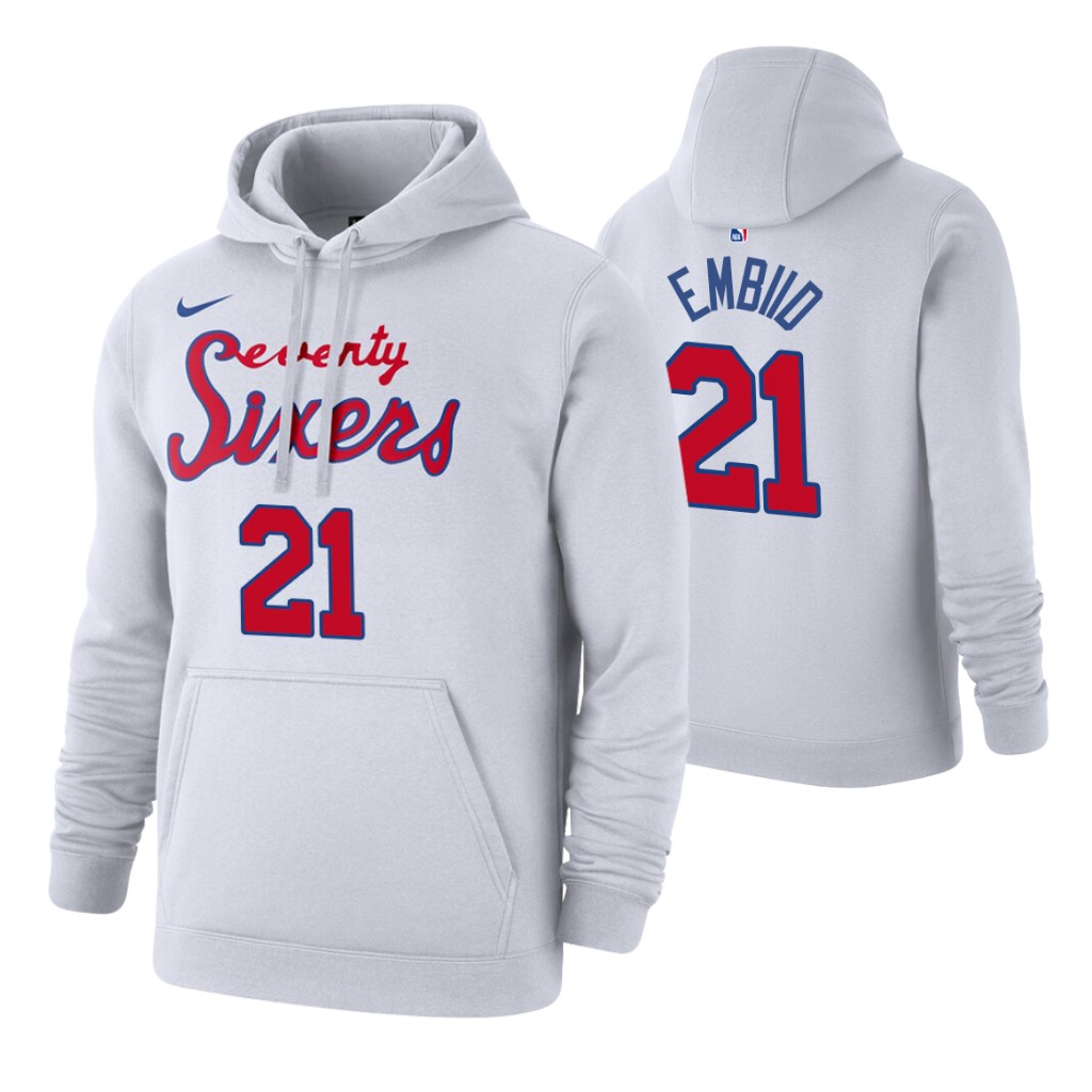 Nike 76ers #21 Joel Embiid 2019-20 Hardwood Classics White Pullover Hoodie