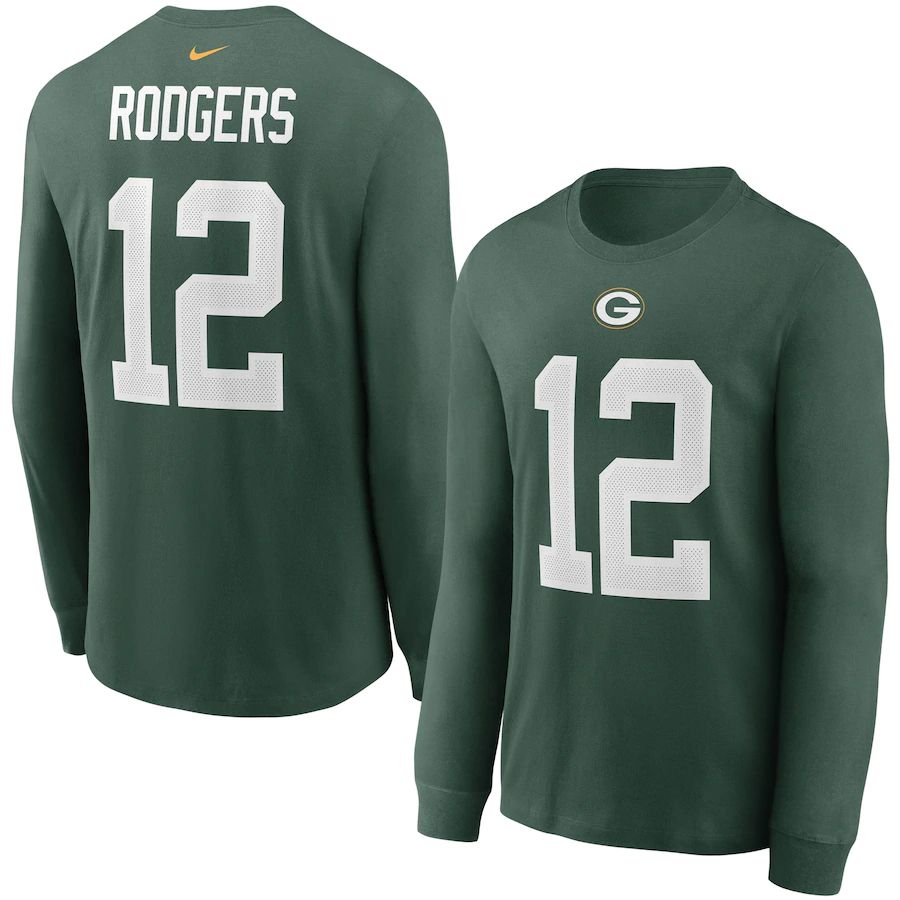 Green Bay Packers #12 Aaron Rodgers Nike Player Name & Number Long Sleeve T-Shirt Green