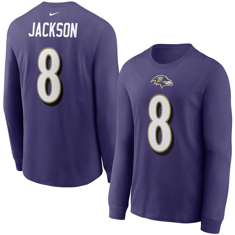 Baltimore Ravens #8 Lamar Jackson Nike Player Name & Number Long Sleeve T-Shirt Purple