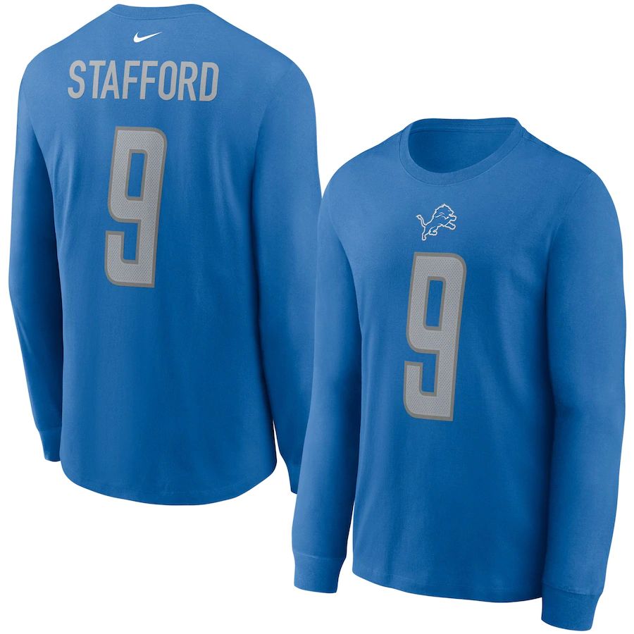 Detroit Lions #9 Matthew Stafford Nike Player Name & Number Long Sleeve T-Shirt Blue