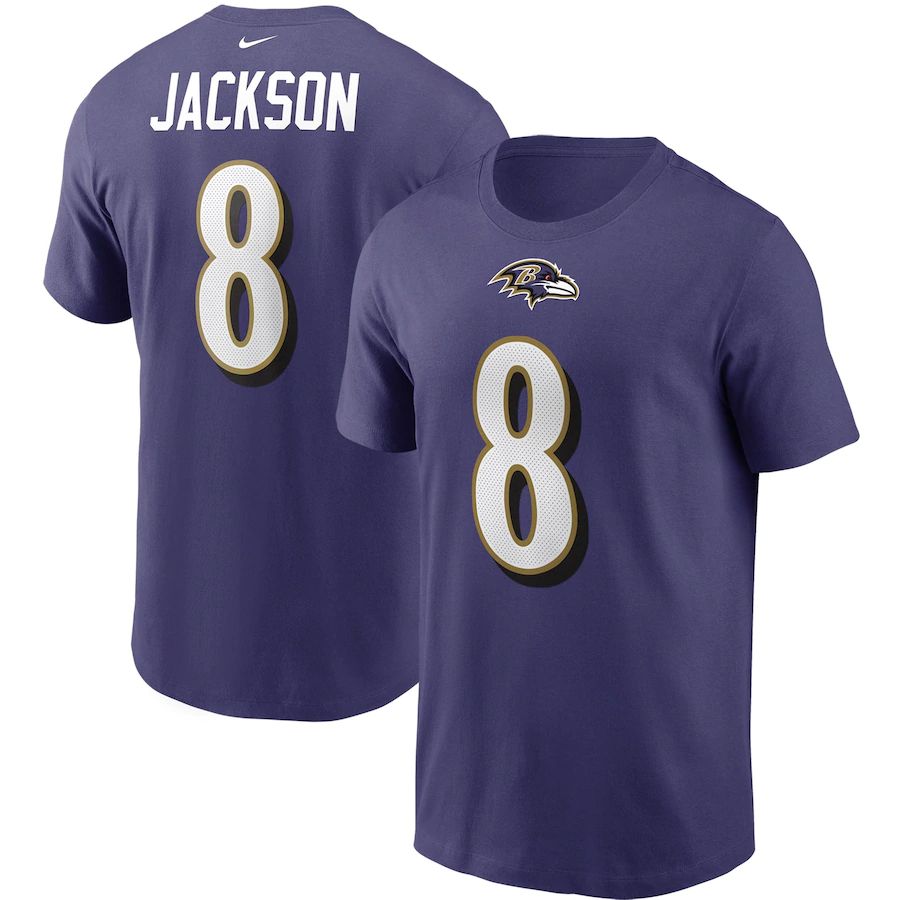 Baltimore Ravens #8 Lamar Jackson Nike Team Player Name & Number T-Shirt Purple