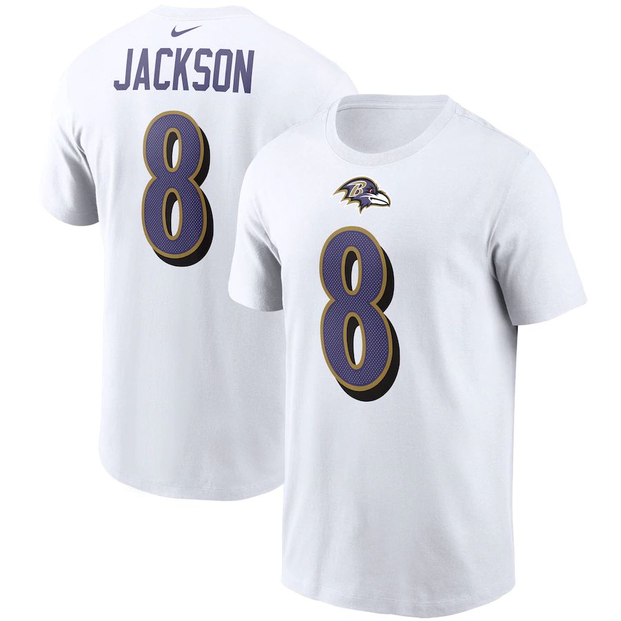 Baltimore Ravens #8 Lamar Jackson Nike Team Player Name & Number T-Shirt White