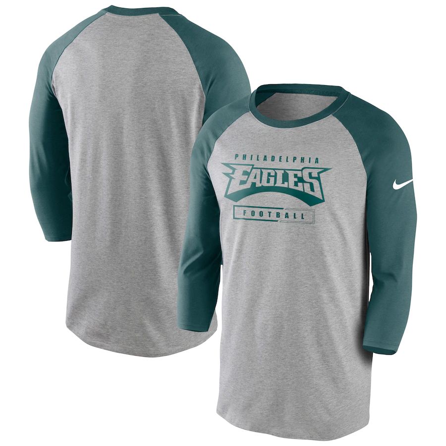 Philadelphia Eagles Nike Fan Gear Tri-Blend Wordmark 3 4 Sleeve T-Shirt Heathered Gray Midnight Green