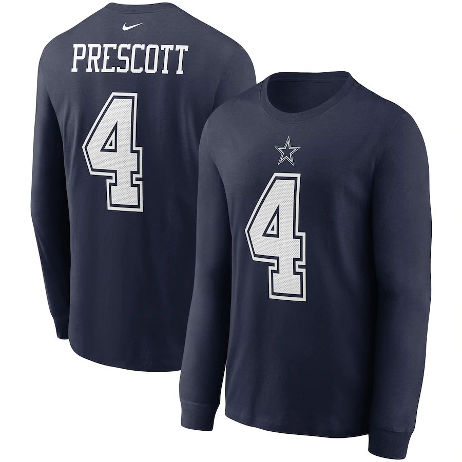 Dallas Cowboys #4 Dak Prescott Nike Player Name & Number Long Sleeve T-Shirt Navy