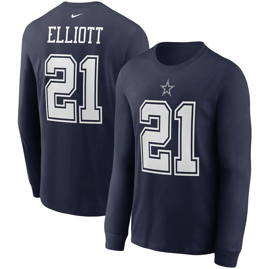 Dallas Cowboys #21 Ezekiel Elliott Nike Player Name & Number Long Sleeve T-Shirt Navy