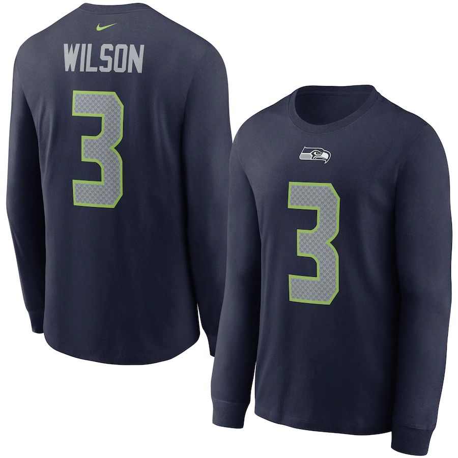 Seattle Seahawks #3 Russell Wilson Nike Player Name & Number Long Sleeve T-Shirt College Navy