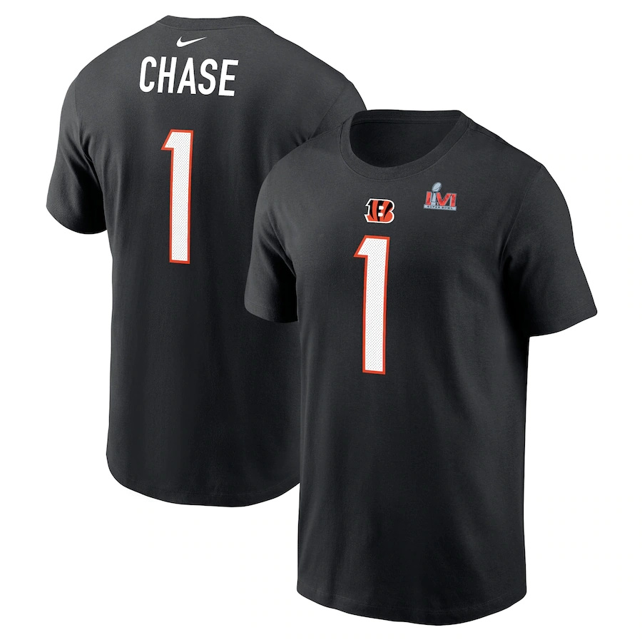 Cincinnati Bengals #1 Ja'Marr Chase Black Men's Nike Super Bowl LVI Bound Name & Number T-Shirt