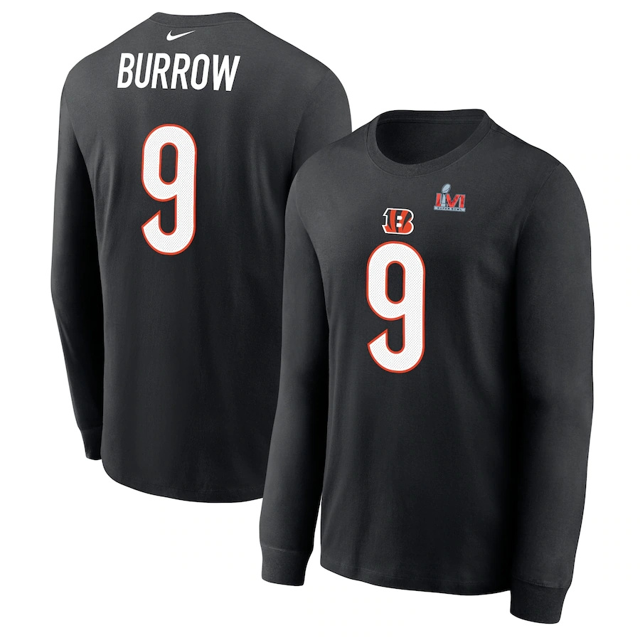 Cincinnati Bengals #9 Joe Burrow Black Men's Nike Super Bowl LVI Bound Name & Number Long Sleeve T-Shirt