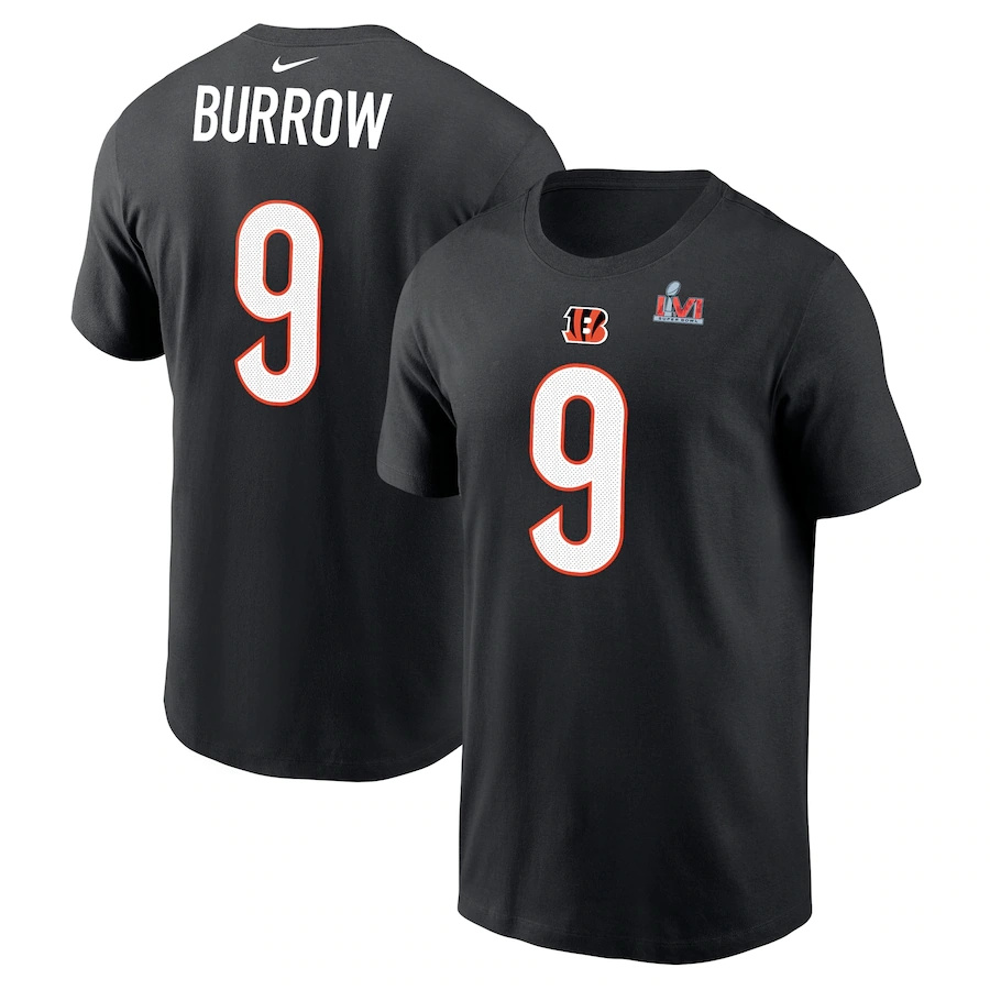 Cincinnati Bengals #9 Joe Burrow Black Men's Nike Super Bowl LVI Bound Name & Number T-Shirt