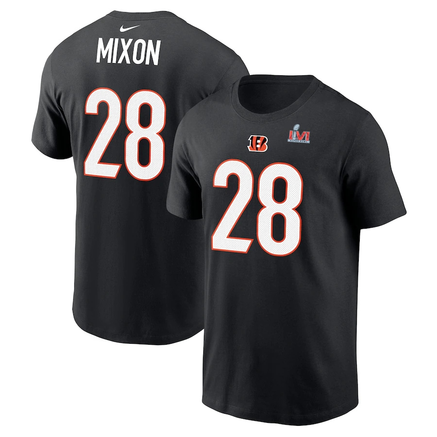 Cincinnati Bengals #28 Joe Mixon Black Men's Nike Super Bowl LVI Bound Name & Number T-Shirt