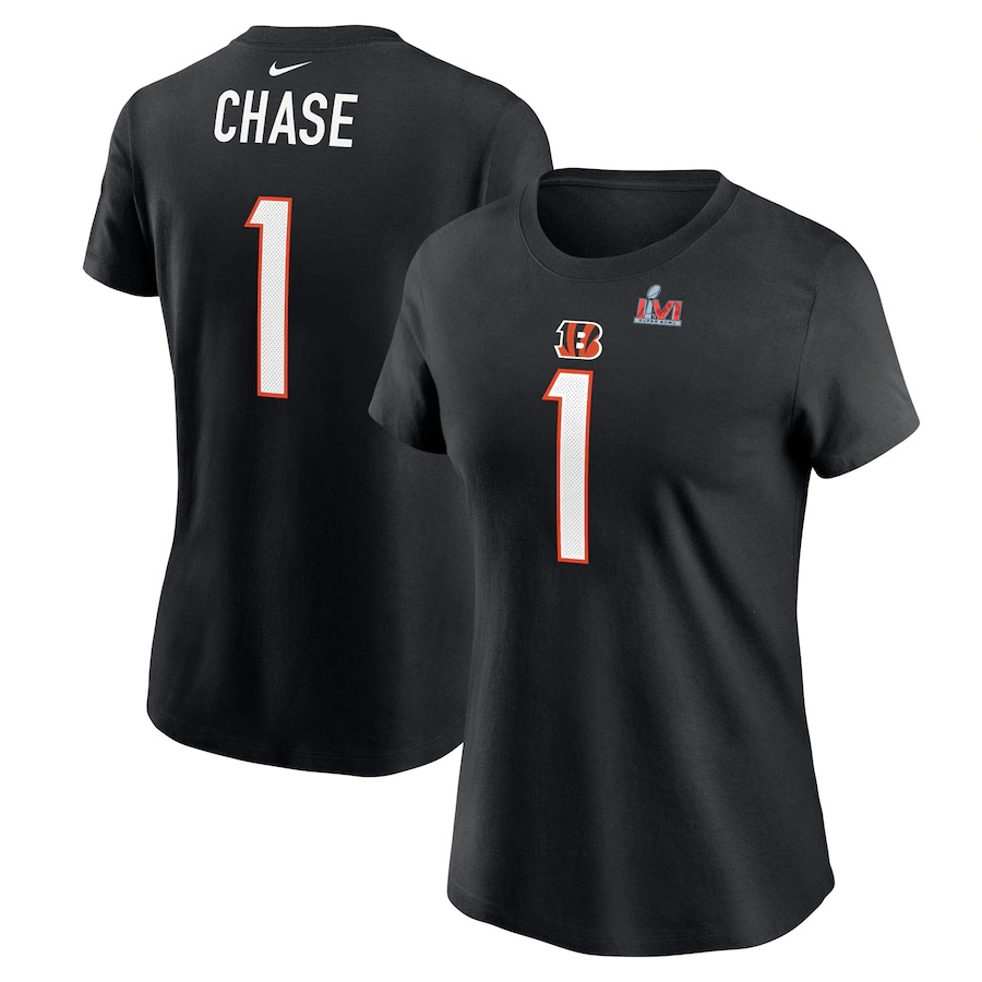 Cincinnati Bengals #1 Ja'Marr Chase Black Women's Nike Super Bowl LVI Bound Name & Number T-Shirt