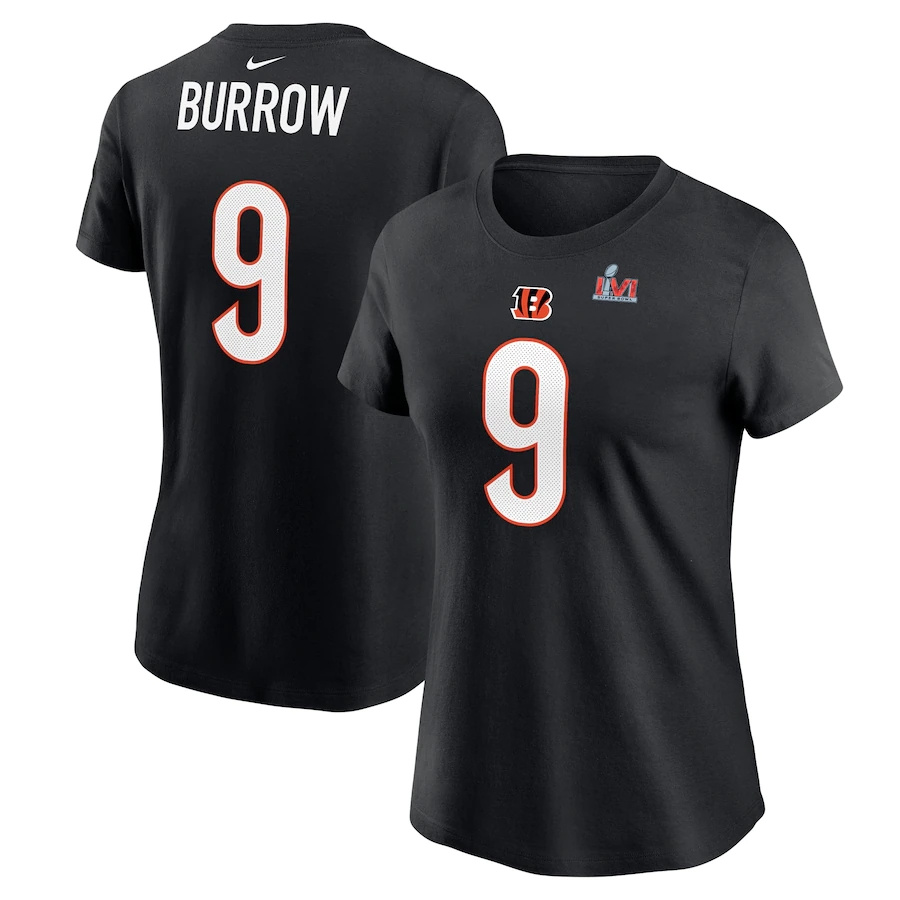 Cincinnati Bengals #9 Joe Burrow Black Women's Nike Super Bowl LVI Bound Name & Number T-Shirt