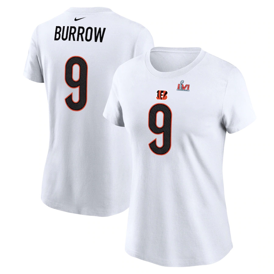 Cincinnati Bengals #9 Joe Burrow White Women's Nike Super Bowl LVI Bound Name & Number T-Shirt