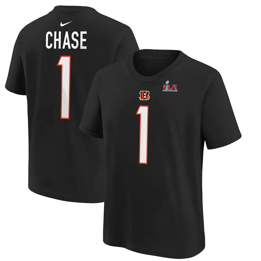 Cincinnati Bengals #1 Ja'Marr Chase Black Youth Nike Super Bowl LVI Bound Name & Number T-Shirt