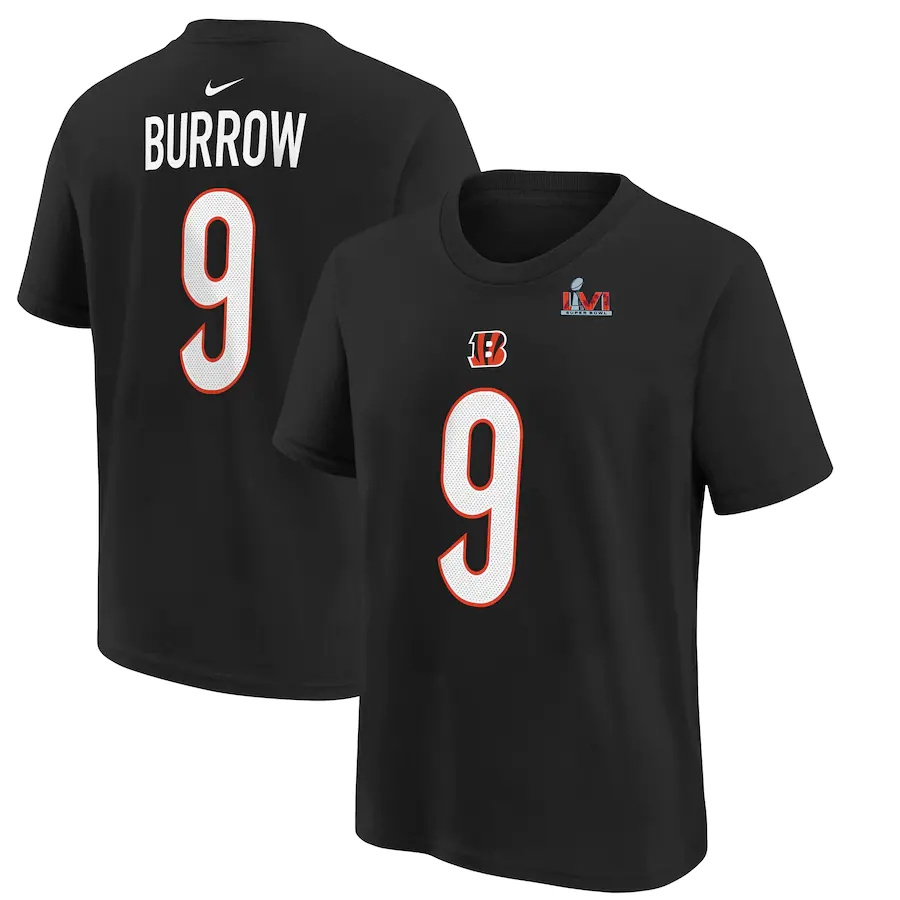 Cincinnati Bengals #9 Joe Burrow Black Youth Nike Super Bowl LVI Bound Name & Number T-Shirt