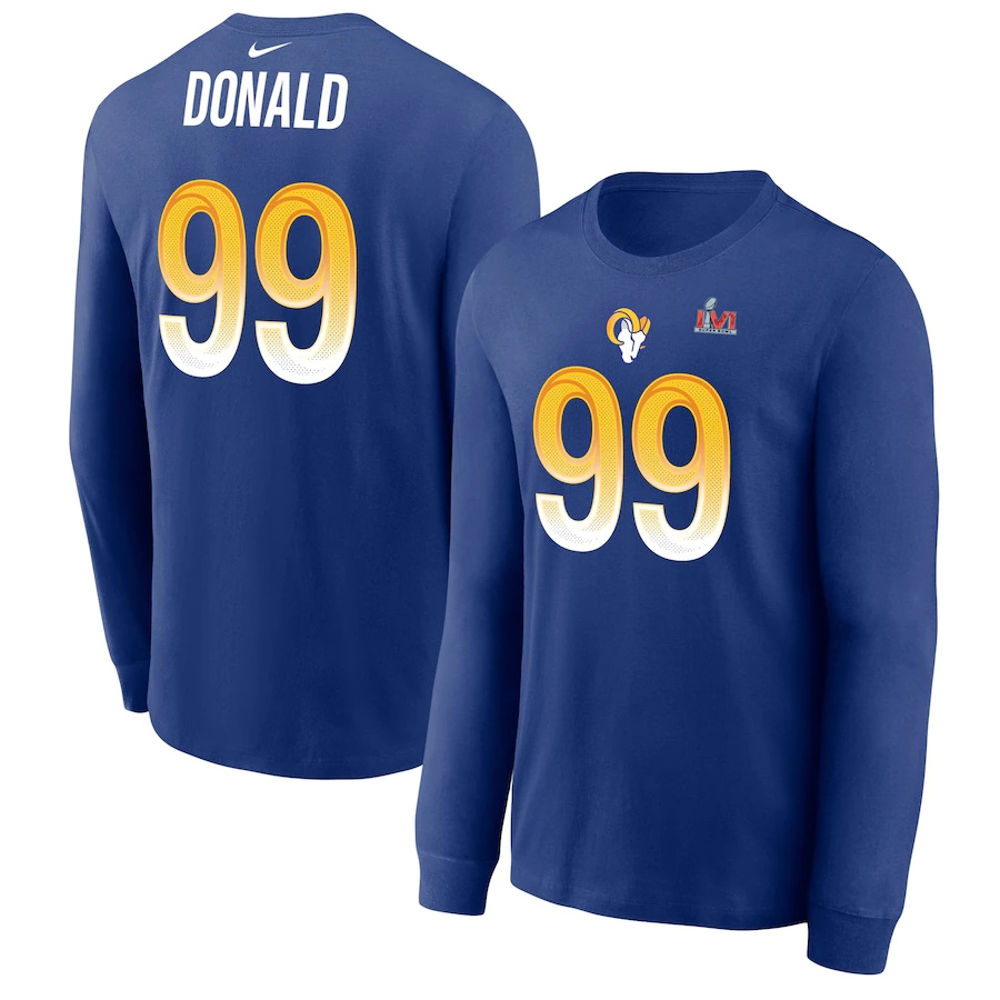 Los Angeles Rams #99 Aaron Donald Royal Men's Nike Super Bowl LVI Bound Name & Number Long Sleeve T-Shirt