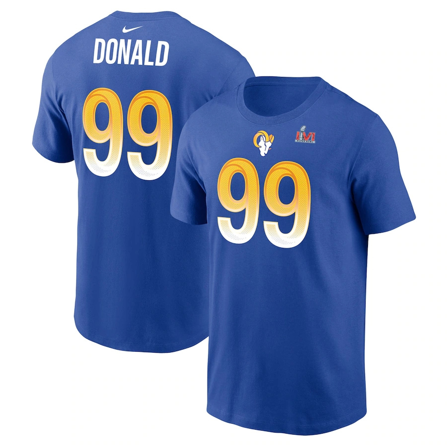 Los Angeles Rams #99 Aaron Donald Royal Men's Nike Super Bowl LVI Bound Name & Number Long Sleeve T-Shirt