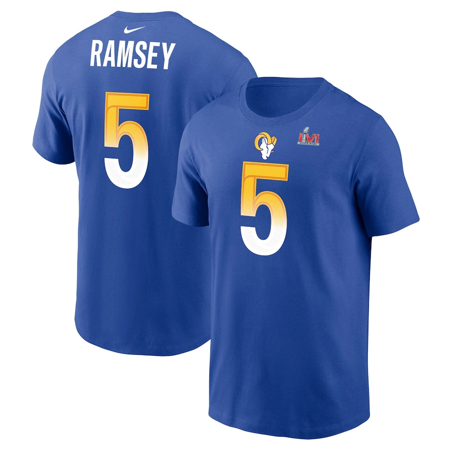 Los Angeles Rams #5 Jalen Ramsey Royal Men's Nike Super Bowl LVI Bound Name & Number T-Shirt