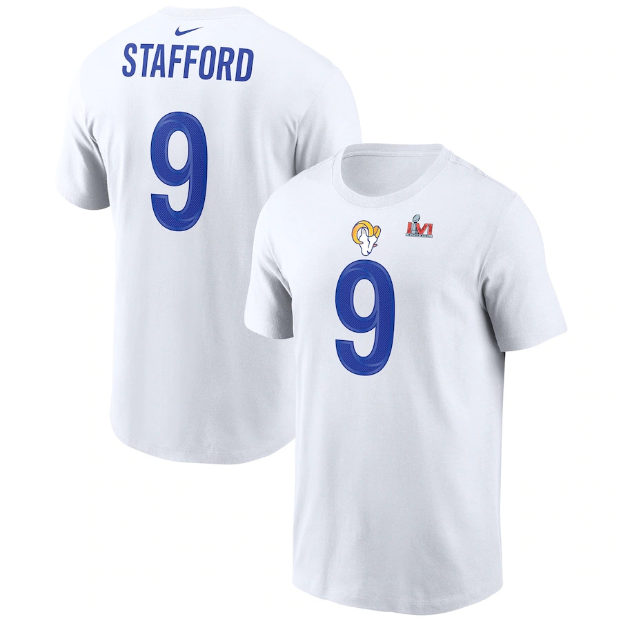 Los Angeles Rams #9 Matthew Stafford White Men's Nike Super Bowl LVI Bound Name & Number T-Shirt