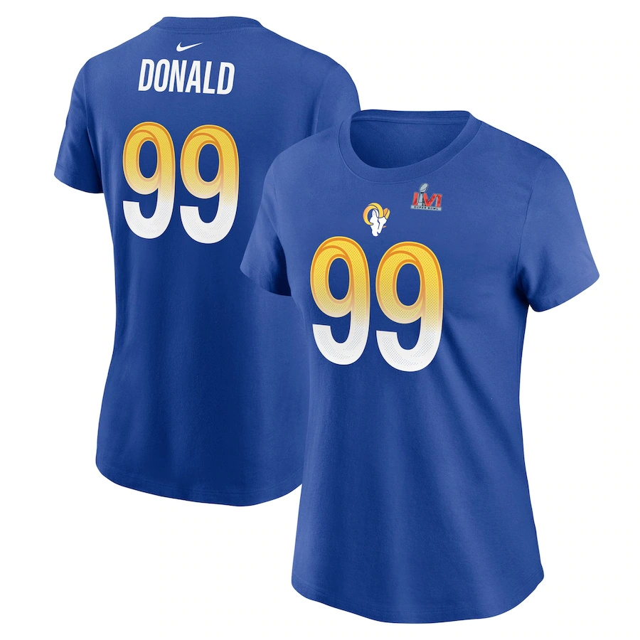 Los Angeles Rams #99 Aaron Donald Royal Women's Nike Super Bowl LVI Bound Name & Number T-Shirt