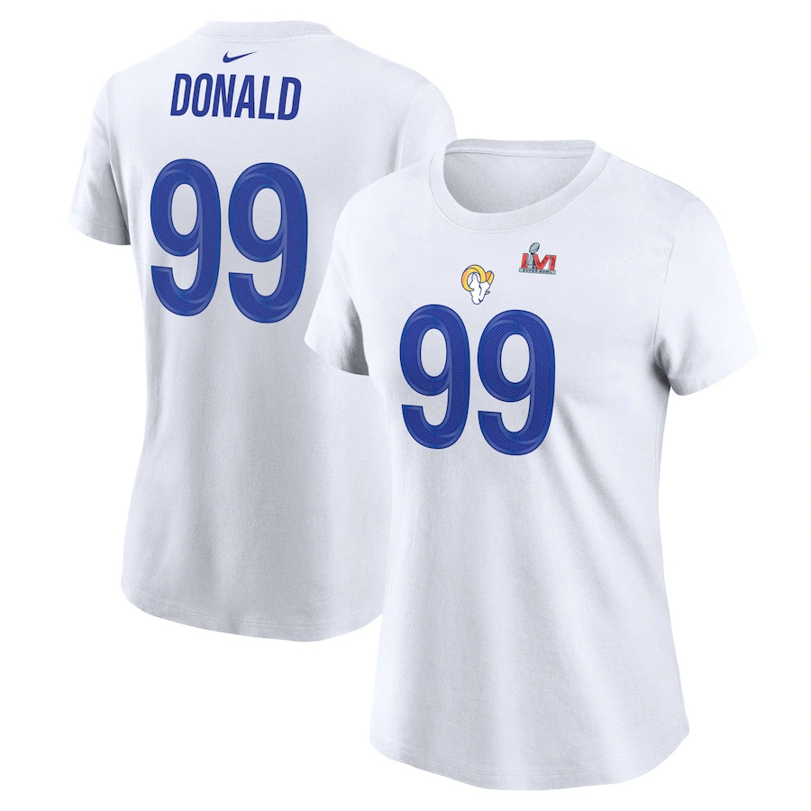 Los Angeles Rams #99 Aaron Donald White Women's Nike Super Bowl LVI Bound Name & Number T-Shirt