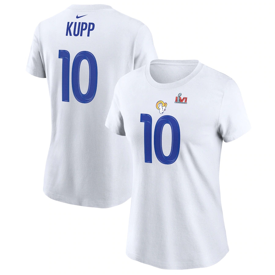 Los Angeles Rams #10 Cooper Kupp White Women's Nike Super Bowl LVI Bound Name & Number T-Shirt