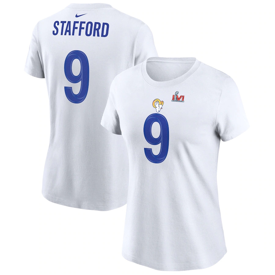 Los Angeles Rams #9 Matthew Stafford White Women's Nike Super Bowl LVI Bound Name & Number T-Shirt