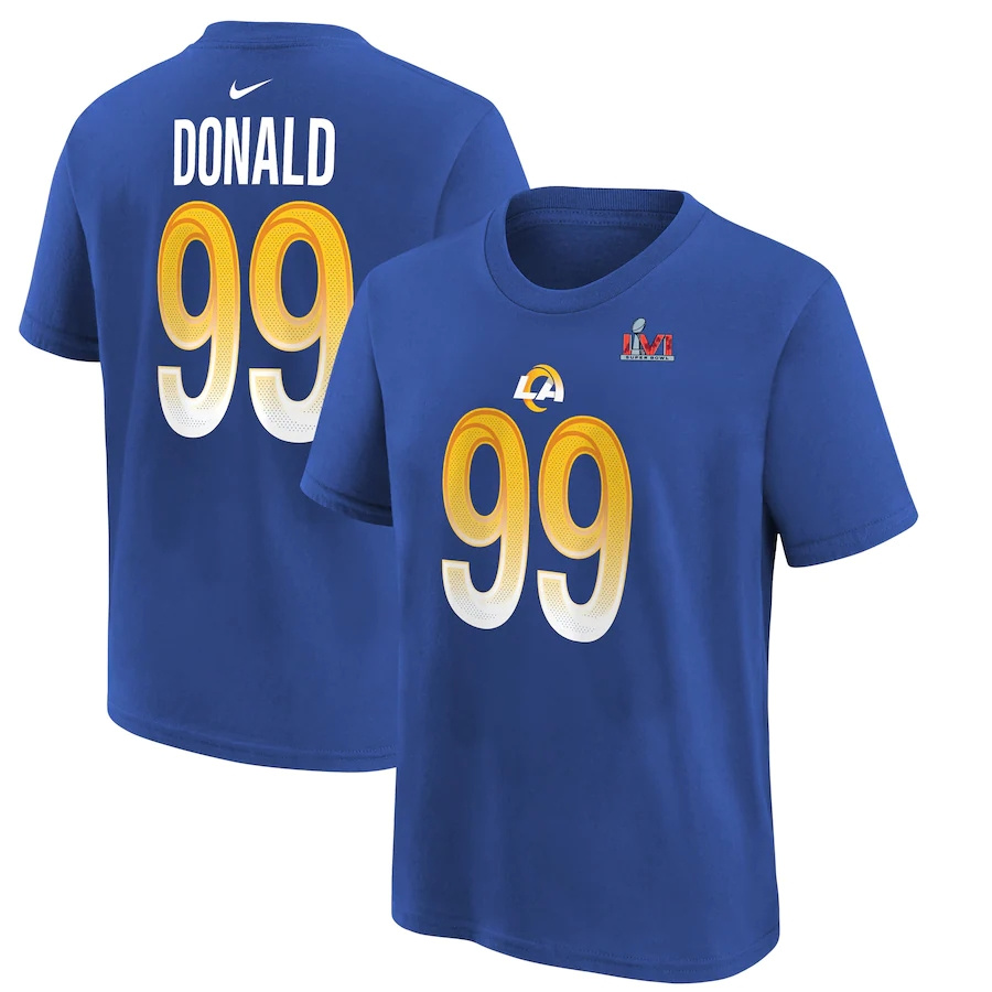 Los Angeles Rams #99 Aaron Donald Royal Youth Nike Super Bowl LVI Bound Name & Number T-Shirt