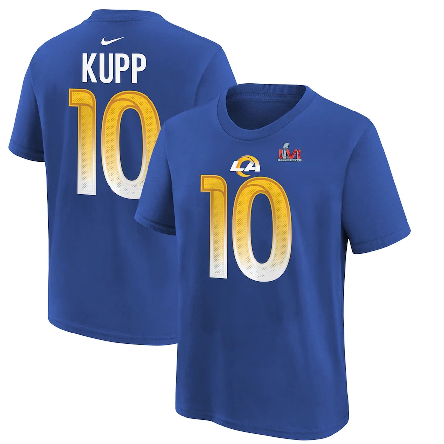 Los Angeles Rams #10 Cooper Kupp Royal Youth Nike Super Bowl LVI Bound Name & Number T-Shirt