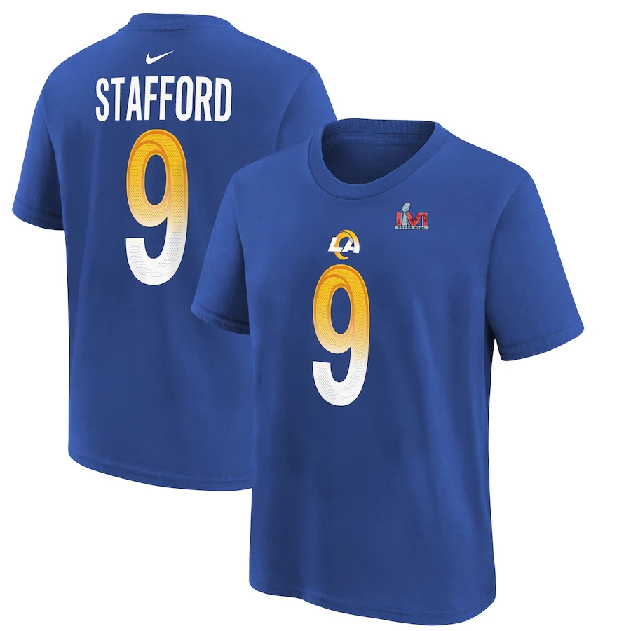 Los Angeles Rams #9 Matthew Stafford Royal Youth Nike Super Bowl LVI Bound Name & Number T-Shirt