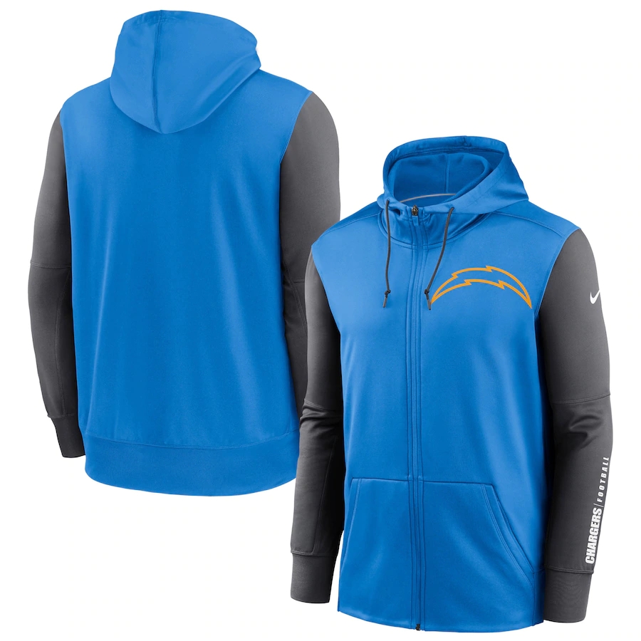 Nike Los Angeles Chargers Powder Blue Charcoal Fan Gear Mascot Performance Full-Zip Hoodie