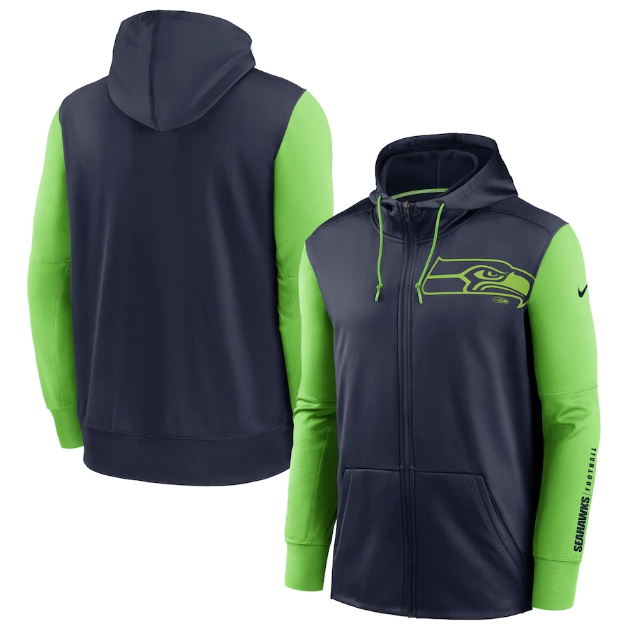 Nike Seattle Seahawks College Navy Neon Green Fan Gear Mascot Performance Full-Zip Hoodie