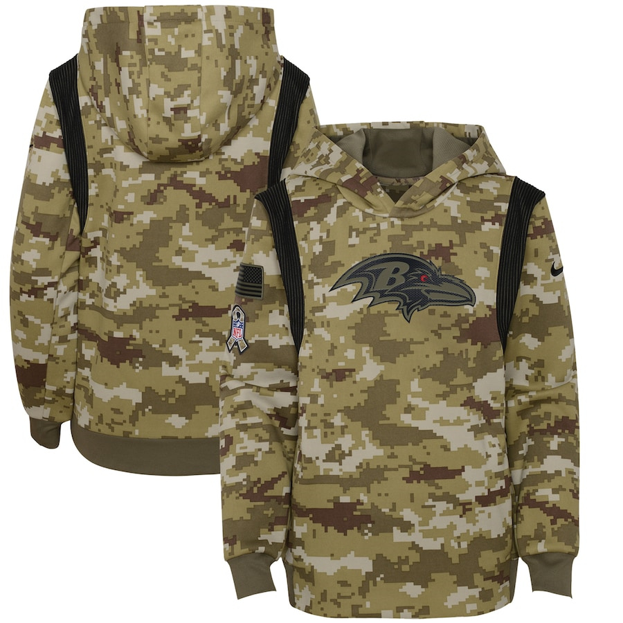 Baltimore Ravens Camo Nike Youth 2021 Salute To Service Therma Performance Pullover Hoodie