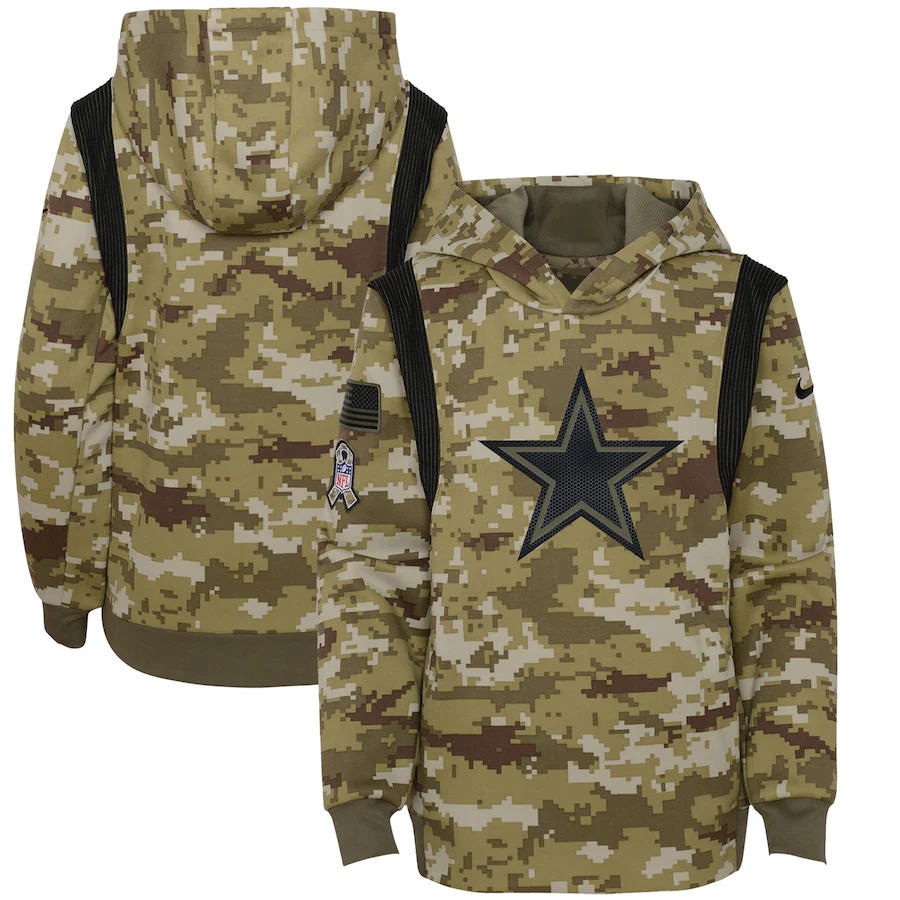 Dallas Cowboys Camo Nike Youth 2021 Salute To Service Therma Performance Pullover Hoodie