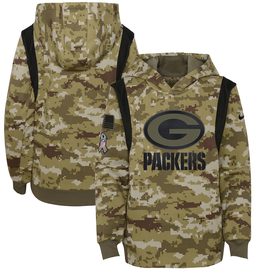 Green Bay Packers Camo Nike Youth 2021 Salute To Service Therma Performance Pullover Hoodie