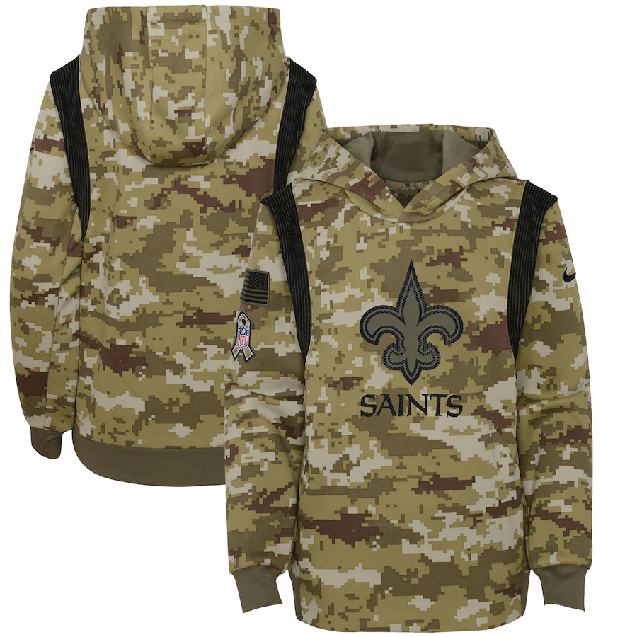 New Orleans Saints Camo Nike Youth 2021 Salute To Service Therma Performance Pullover Hoodie