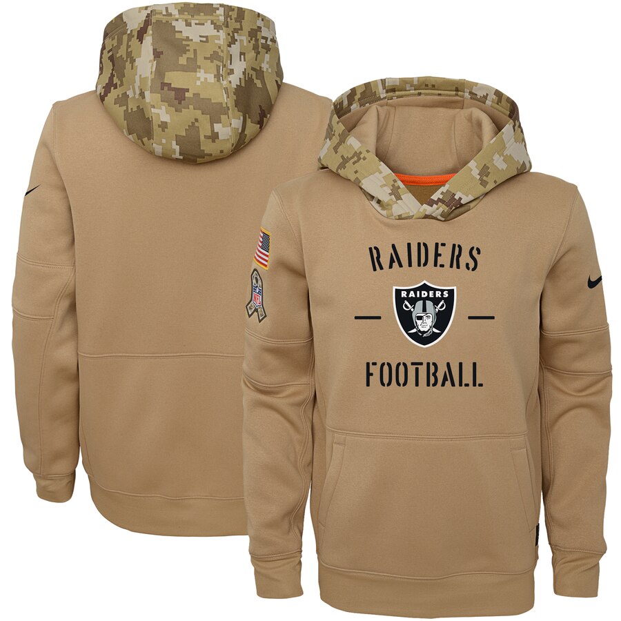 Youth Oakland Raiders Nike Khaki 2019 Salute to Service Therma Pullover Hoodie