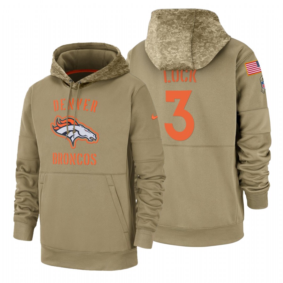 Denver Broncos #3 Drew Lock Nike Tan 2019 Salute To Service Name & Number Sideline Therma Pullover Hoodie