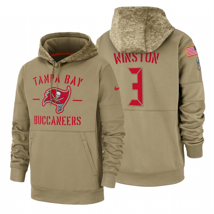 Tampa Bay Buccaneers #3 Jameis Winston Nike Tan 2019 Salute To Service Name & Number Sideline Therma Pullover Hoodie