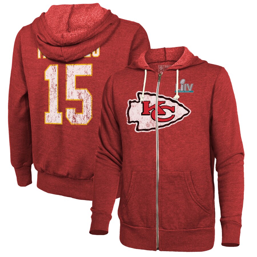 Men's Kansas City Chiefs #15 Patrick Mahomes NFL Red Super Bowl LIV Bound Player Name & Number Full-Zip Hoodie