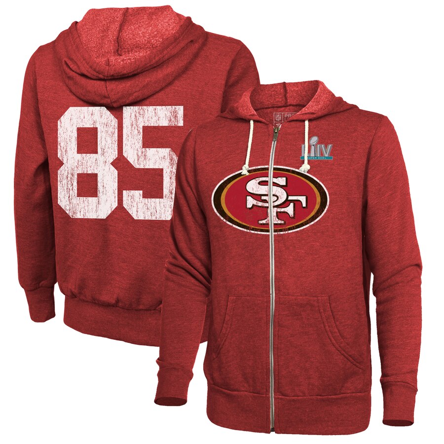 Men's San Francisco 49ers #85 George Kittle NFL Red Super Bowl LIV Bound Player Name & Number Full-Zip Hoodie