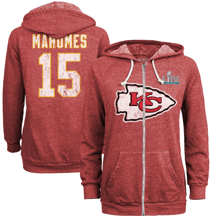 Women's Kansas City Chiefs #15 Patrick Mahomes NFL Red Super Bowl LIV Bound Player Name & Number Full-Zip Hoodie