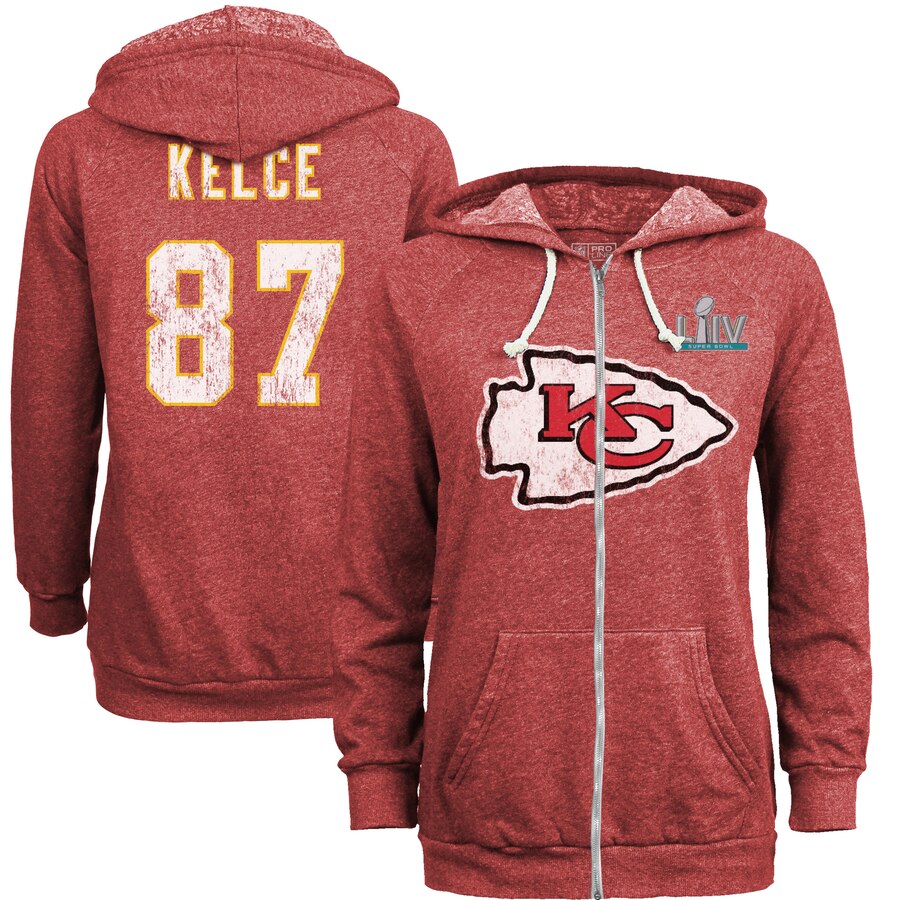 Women's Kansas City Chiefs #87 Travis Kelce NFL Red Super Bowl LIV Bound Player Name & Number Full-Zip Hoodie