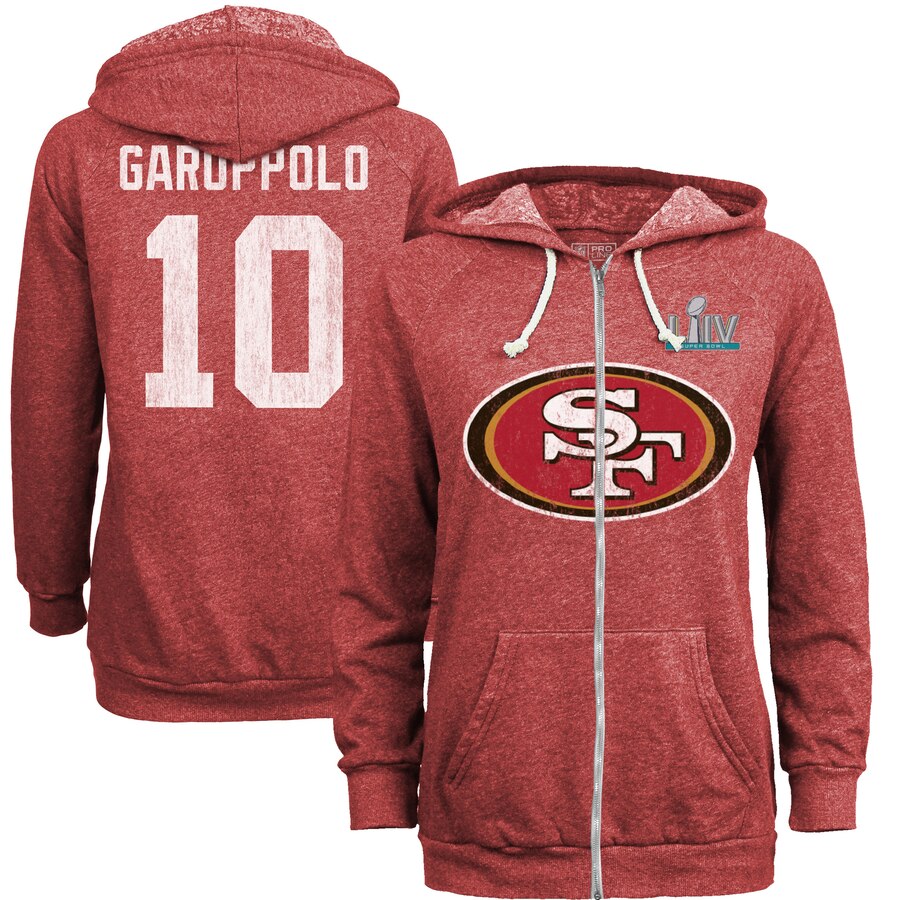 Women's San Francisco 49ers #10 Jimmy Garoppolo NFL Red Super Bowl LIV Bound Player Name & Number Full-Zip Hoodie