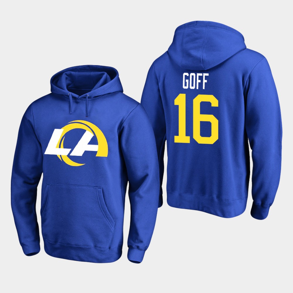 Los Angeles Rams #16 Jared Goff Men's 2020 New Logo Royal Pullover Hoodie