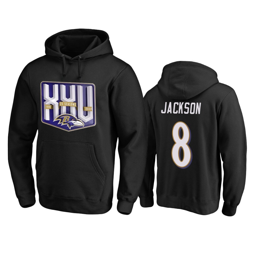 Baltimore Ravens #8 Lamar Jackson Men's Black Team 25th Season Pullover Hoodie