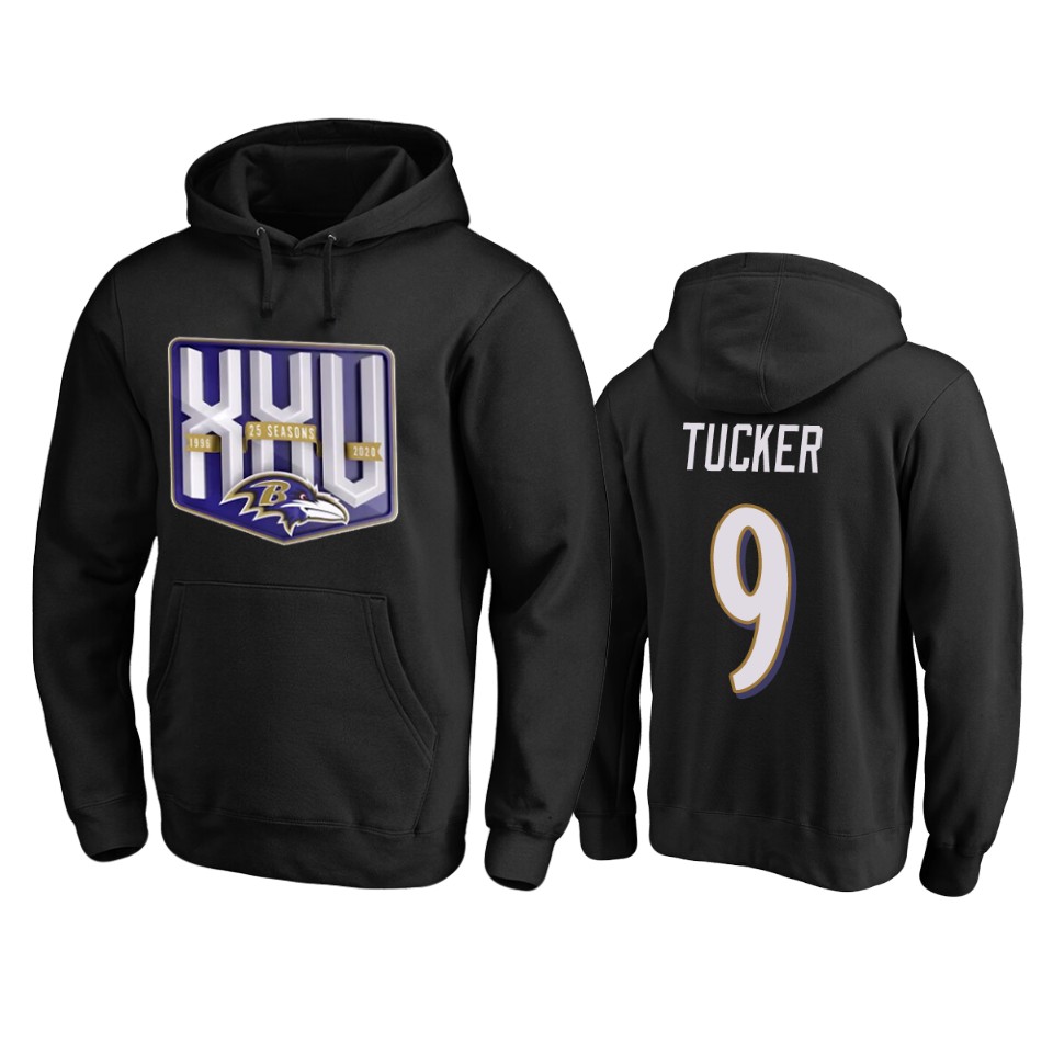 Baltimore Ravens #9 Justin Tucker Men's Black Team 25th Season Pullover Hoodie