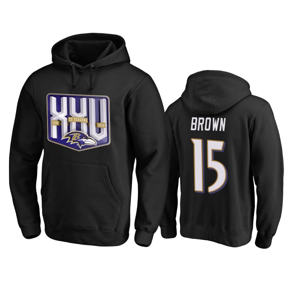 Baltimore Ravens #15 Marquise Brown Men's Black Team 25th Season Pullover Hoodie