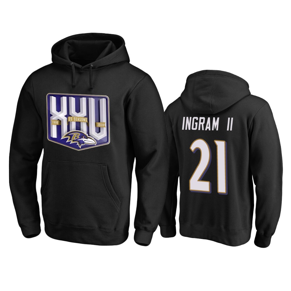 Baltimore Ravens #21 Mark Ingram II Men's Black Team 25th Season Pullover Hoodie