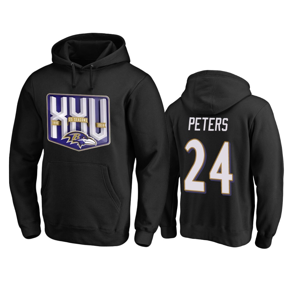 Baltimore Ravens #24 Marcus Peters Men's Black Team 25th Season Pullover Hoodie